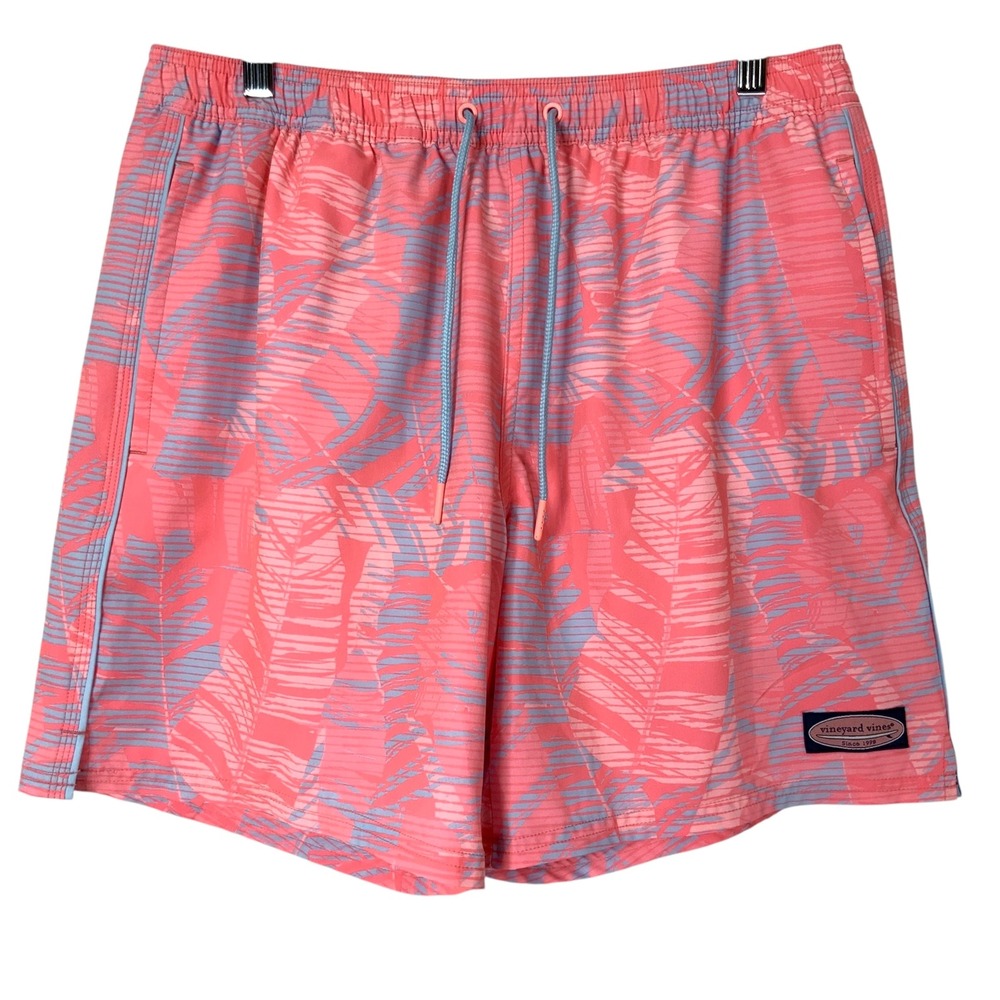 Vineyard Vines Coral Blue Palm Swim Trunks M Drawstring Elastic Waist 6in Inseam